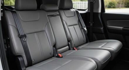 Close-up of empty grey leather rear seats in a modern vehicle, seatbelts visible