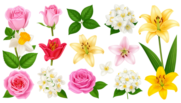 set of flowers, rose, jasmine, lily and tulip, isolated on transparent background, PNG.