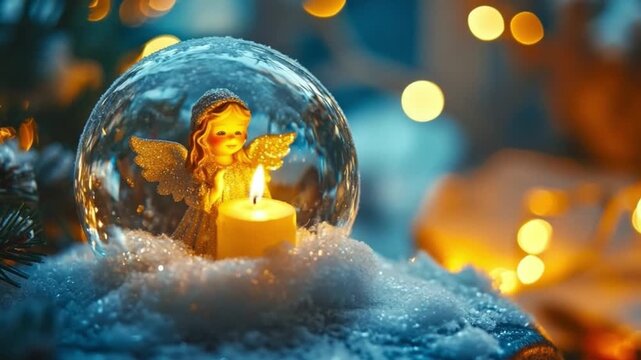 This video showcases a stunning angel in a snow globe with a glowing candle. Ideal for holiday inspiration and creating a cozy ambiance. Embrace the festive spirit. AI.