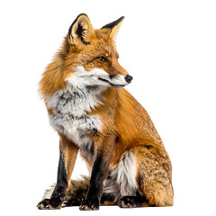 Fototapeta premium A vibrant fox, with reddish-orange fur, sits and gazes thoughtfully to the right