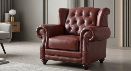 Detailed brown leather tufted wingback armchair in a sophisticated modern interior