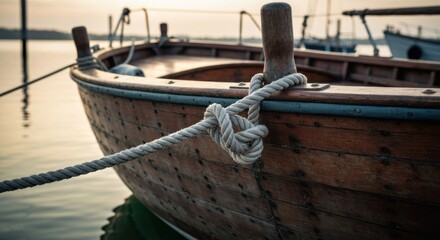 Detailed view of a weathered wooden boat's bow with rope tied to a deck cleat, golden hour