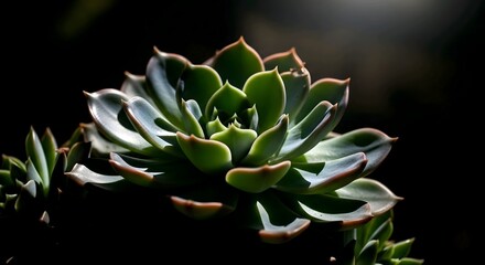 Fototapeta premium A succulent glows in dramatic lighting against a dark backdrop. Green leaves with pink edges evoke calmness. Muted colors create a moody, focused vibe. AI Generated.