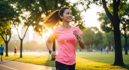 A young woman jogging in a park at sunset.