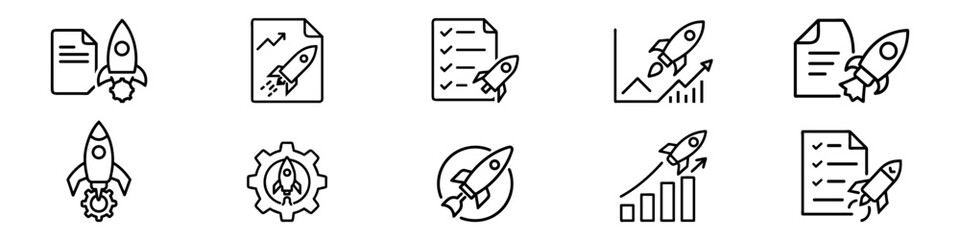 Startup launch and business growth icons set – rocket, project planning, innovation, and progress outline vector symbols for entrepreneurship
