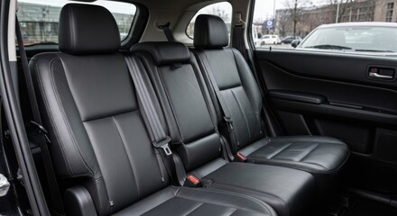 Detailed view of a modern vehicle's clean black leather rear passenger seats and interior