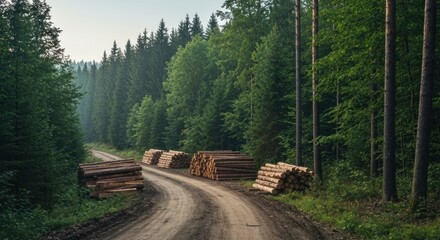 Dirt road winding through dense evergreen forest with large stacks of cut logs on sides