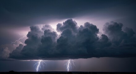 Dramatic night sky with powerful lightning strikes illuminating large, ominous storm clouds