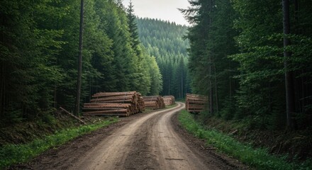 Dirt road winds through dense evergreen forest with large stacks of cut logs