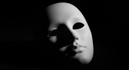 Eerie white theatrical mask, half-lit, emerging from deep shadows on a black background