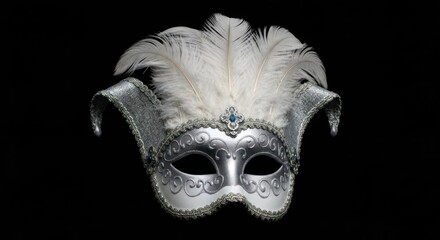 Elaborate silver masquerade mask, white feathers, blue gems, intricate scrolls on black