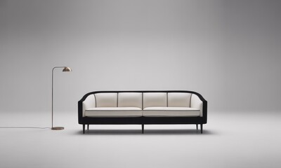 Elegant black and white sofa with slender floor lamp in a minimalist studio setting