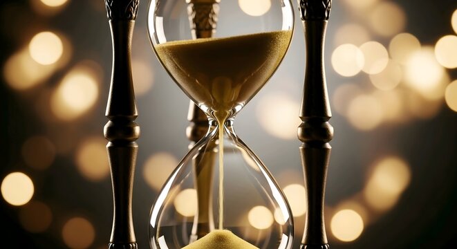 An hourglass sits centre stage, its golden sand trickling down in a gentle flow. The vintage glass bulb is framed by an ornate wooden structure, adding a touch of timeless elegance. Warm lighting cast