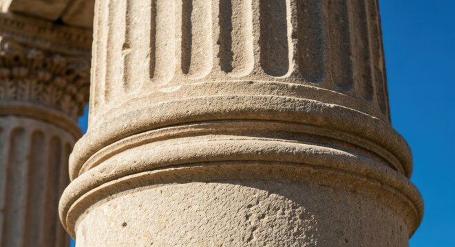 Detailed ancient stone column with fluting, textured, against a clear blue sky