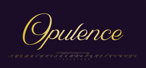 Elegant golden script font alphabet for luxury branding and elegant designs. Cursive handwritten style typeface for invitations and logos