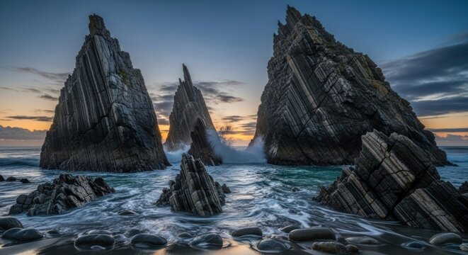 Two large, jagged rock formations jutting out of the ocean at sunset, with waves crashing against them.