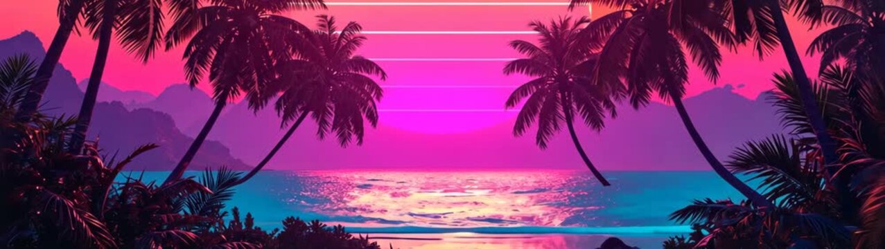 Retro 80s vaporwave landscape with vibrant gradient colors, neon sun, and serene ocean reflecting light.