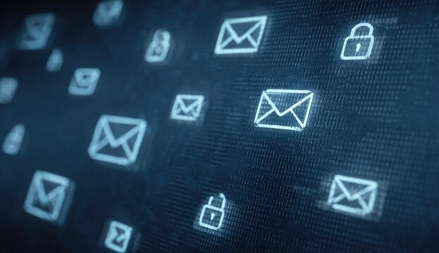 Digital email icons, security lock symbols, dark background