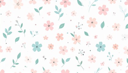 Fototapeta premium A delicate and charming floral pattern featuring small, scattered flowers in soft pastel shades of pink and blue, interspersed with green leaves and sprigs on a clean white background.