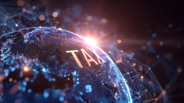 global tax network concept with digital globe, financial icons, and connection lines, cinematic lighting