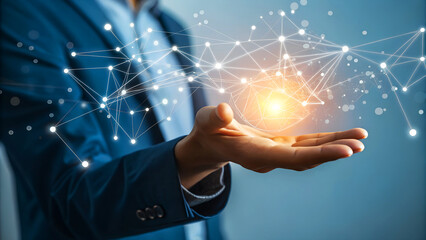 Businessman presenting a glowing digital network connection, symbolizing global communication and innovative technology solutions.