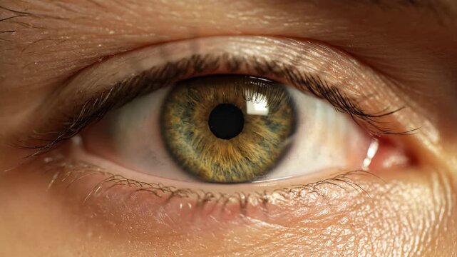 Extreme closeup of a detailed human eye with hazel colored iris
