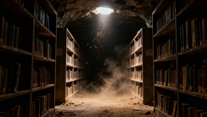 Obraz premium A dimly lit underground library with dusty bookshelves and a beam of light shining through the ceiling.
