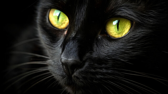 Intense captivating closeup of a sleek black cat with mesmerizing yellow-green eyes, evoking mystery and feline grace for pet lovers and animal enthusiasts