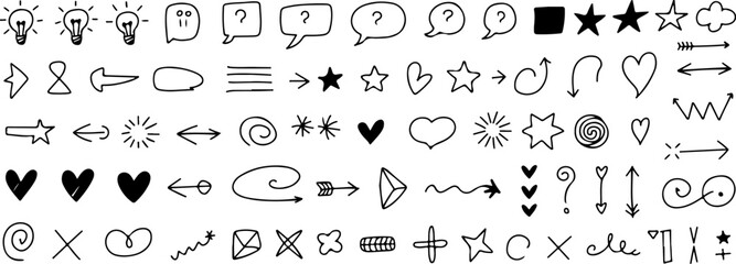 Obraz premium Collection of hand-drawn black ink doodles and symbols for creative design elements vector