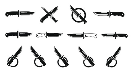 Collection of various knife silhouettes in different poses and styles for design elements silhouette