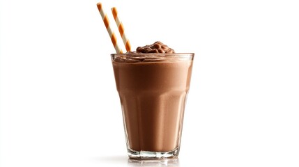 Chocolate milkshake in a glass with two orange straws