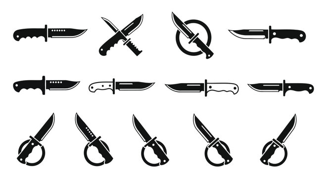 Collection of various knife silhouettes in different poses and styles for design elements silhouette