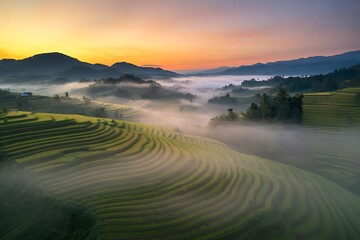 Stunning sunrise illuminates rice terraces, creating a serene and peaceful landscape for travel inspiration or agricultural concepts with a misty valley