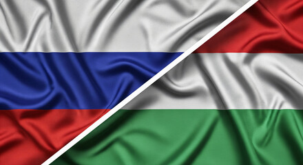 Obraz premium Russia And Hungary Diagonal Split Fabric Flags Representing Diplomatic Ties And Bilateral Partnership JPG