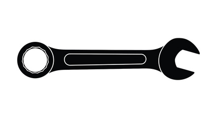 A black silhouette of a combination wrench with a ring end and an open end on a white background