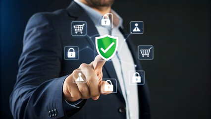 Confident businessman secures online transactions and data with digital shield safeguarding e-commerce and personal information