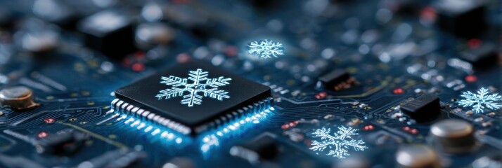 Close view of a microprocessor surrounded by circuit elements, featuring glowing snowflake icons that create a winter-themed tech atmosphere.