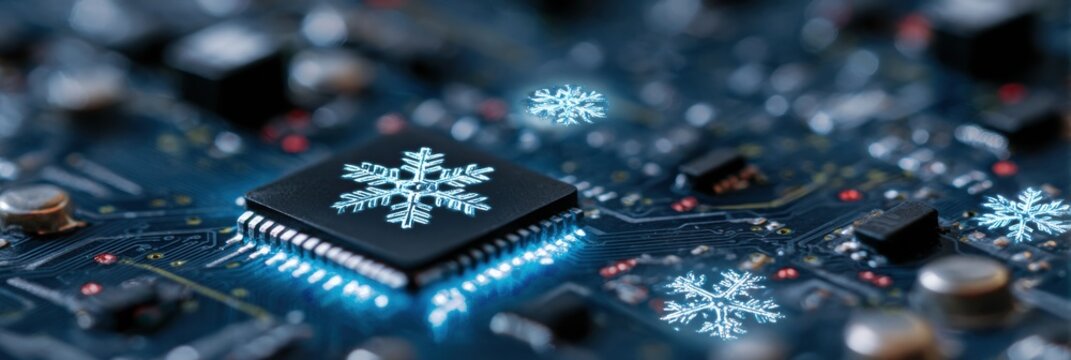 Close view of a microprocessor surrounded by circuit elements, featuring glowing snowflake icons that create a winter-themed tech atmosphere.