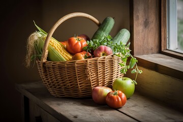 Harvest bounty overflowing from wicker basket next to rustic window, showcasing fresh corn, tomatoes, apples, cucumbers, and herbs in natural light