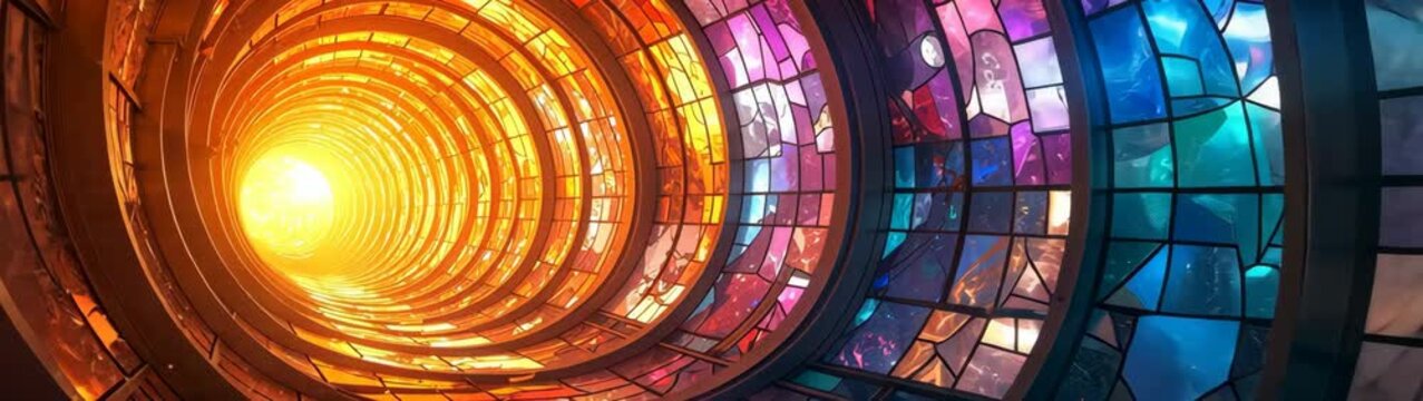 Colorful stained glass tunnel radiating warm and cool light in abstract spiral design.
