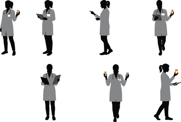 Lab coat silhouettes, science professionals, medical researchers, tablet usage, clipboard gesture, test tube handling, walking pose, minimal style, analysis, experiment
