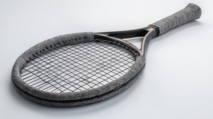 A dark gray tennis racket with a textured gray grip lies at a slight angle on a plain white background; the racket's strings are tightly woven