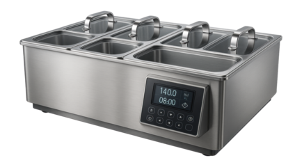 Multi-unit sous vide system for simultaneous cooking in busy restaurant kitchens.