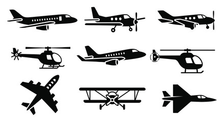 Collection of diverse aircraft silhouettes including airplanes helicopters and biplanes in a simple graphic style silhouette © Kuntol02