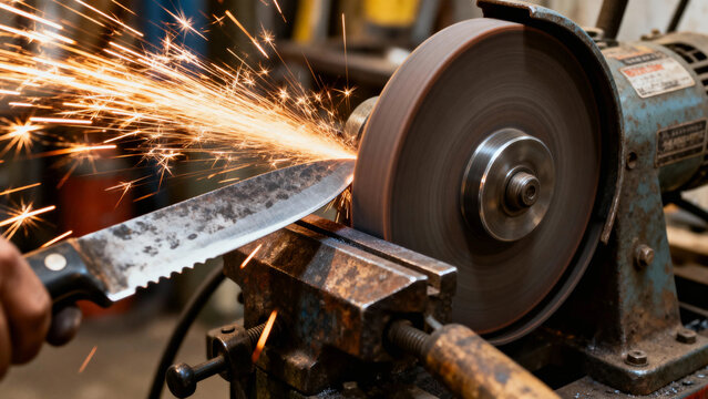 A knife being sharpened on a grinding wheel with sparks flying