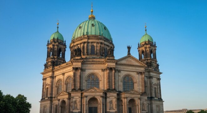 Grand historical cathedral with a large green dome and smaller towers against blue sky