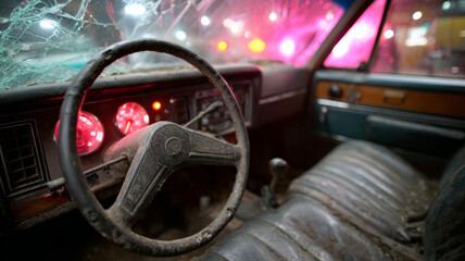 Dusty old car interior with broken windshield at night