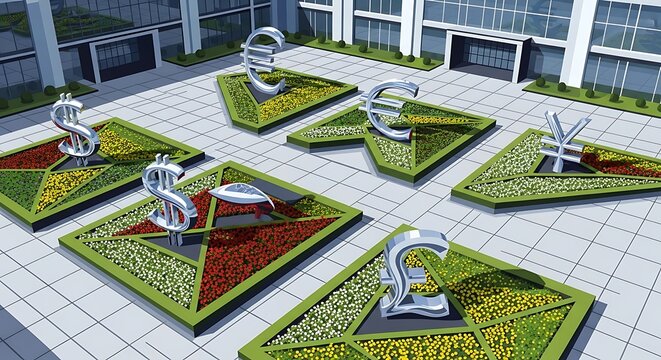 Global Currency Symbols Landscaping Art Installation in Modern Plaza.