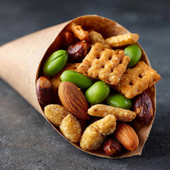 Fototapeta premium Mixed nuts and snacks in a brown cone on dark background.