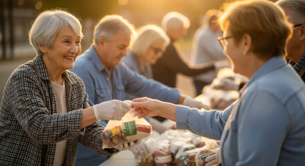 Cheerful senior woman volunteering at a community food bank, giving a bag of groceries to another elderly person outdoors at sunset